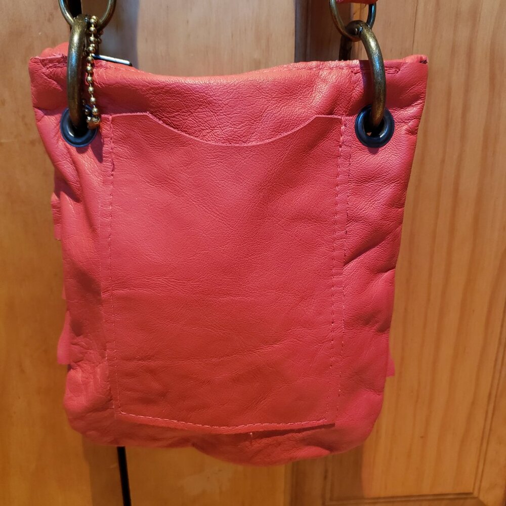Red leather fringe crossbody festival brass accents adjustable 8.5x7" Stud Boho - Picture 4 of 5